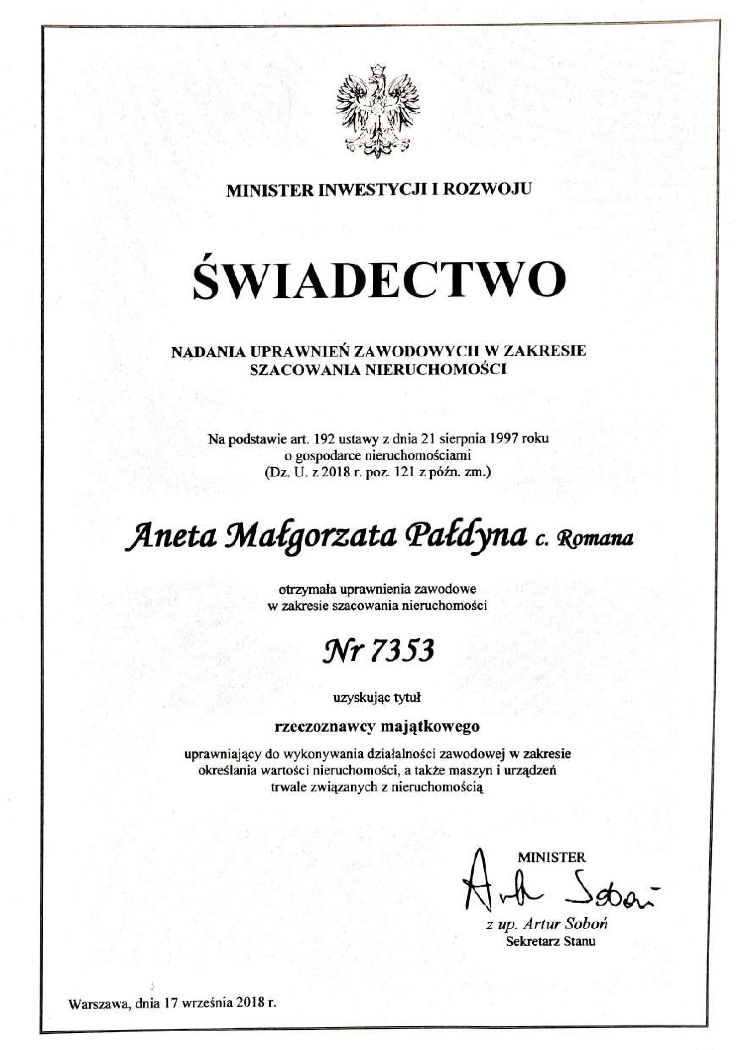 Świadectwo - Praktyka wyceny przedsiębiorstwa